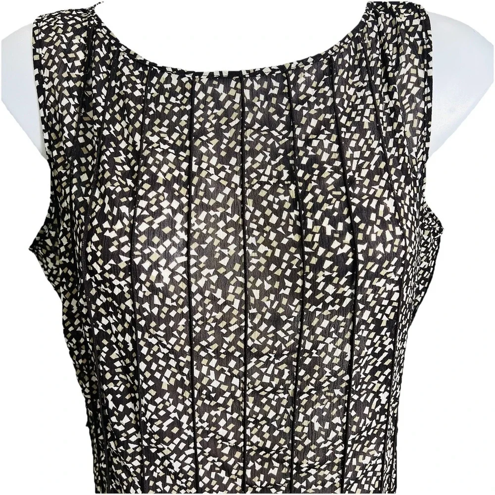 Z Studio Pleated Midi Dress Size 14 Black Cream Geometric Sleeveless Flowy Y2K